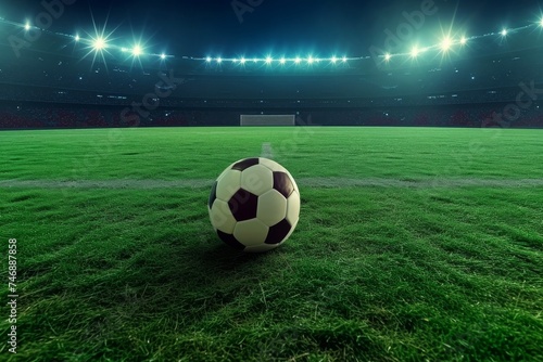 Close-up of soccer ball in the stadium in the evening light