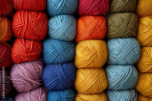 Bright yarn rolls organized in rows