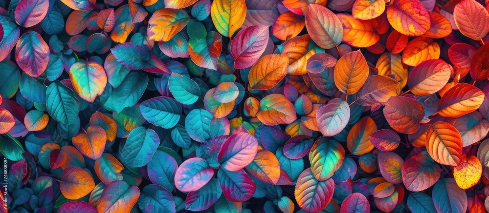 A group of rainbow-colored autumn leaves is displayed vibrantly on a wall, creating a vivid and abstract background. The leaves are arranged in a dynamic and eye-catching pattern. A group of rainbow-colored autumn leaves is displayed vibrantly on a wall, creating a vivid and abstract background. The leaves are arranged in a dynamic and eye-catching pattern.