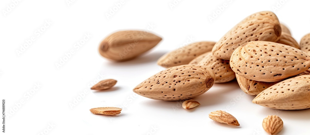 Obraz premium A collection of raw almonds with shells stacked haphazardly on a clean white background. The almonds are varying in shape and size, reflecting their natural state.