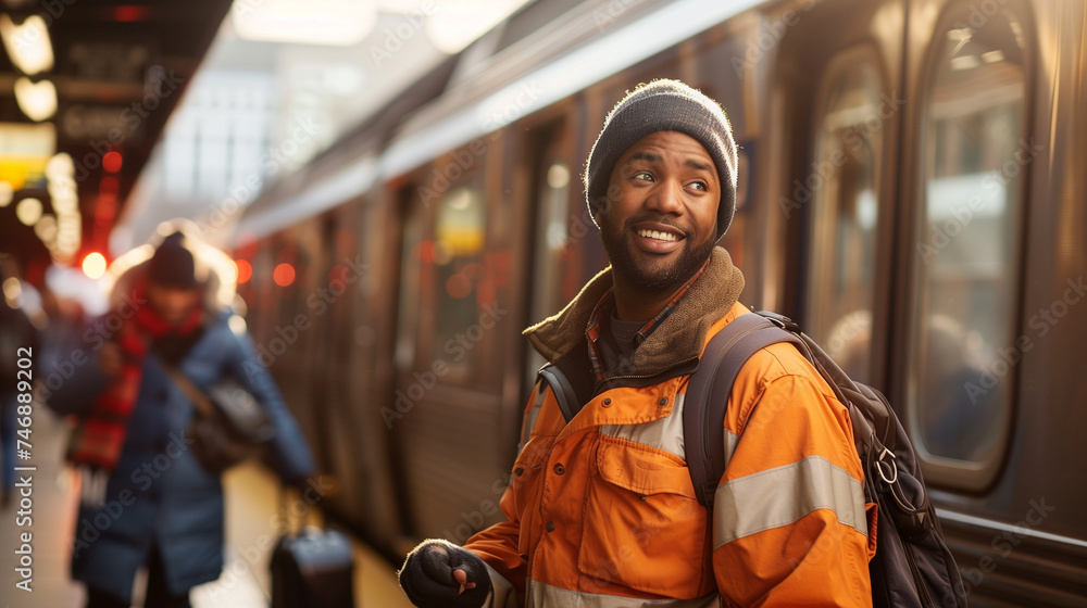 Train worker on platform, leaving train for the night. Train worker on platform, leaving train for the night.