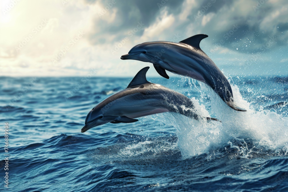 Fototapeta premium Two dolphins springing from the sea, sunlight and calm water.