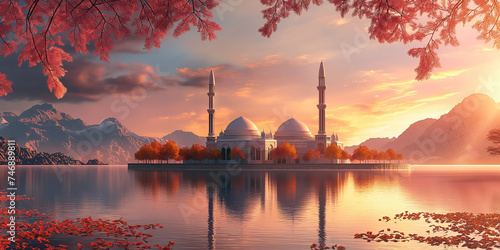 Mosque by the lake at scenic sunset and golden leaves frame