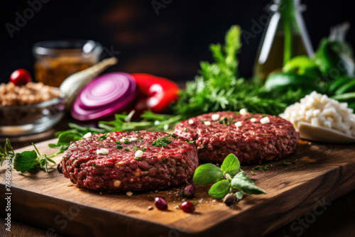 Fresh, Raw Meat: A Gourmet Beef Burger Patty on a Wooden Cutting Board with Pepper Seasoning and Rosemary, Ready for Grilling