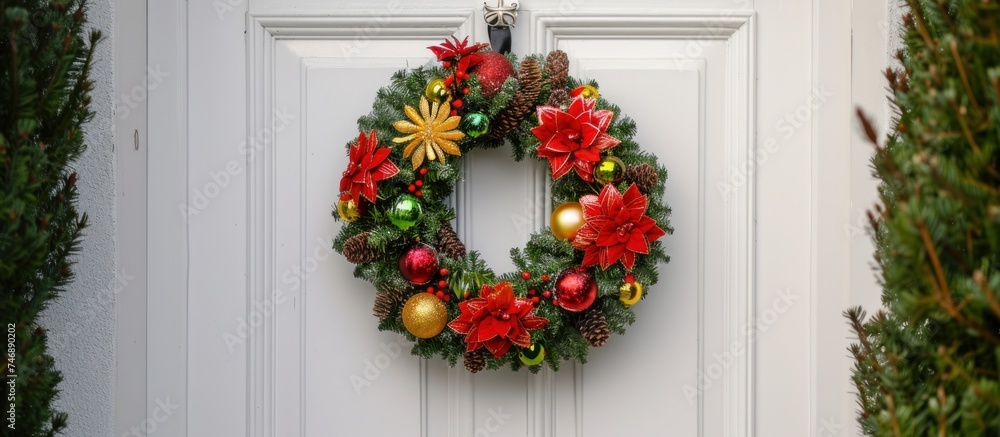 Naklejka premium Christmas decoration wreath hanging on door