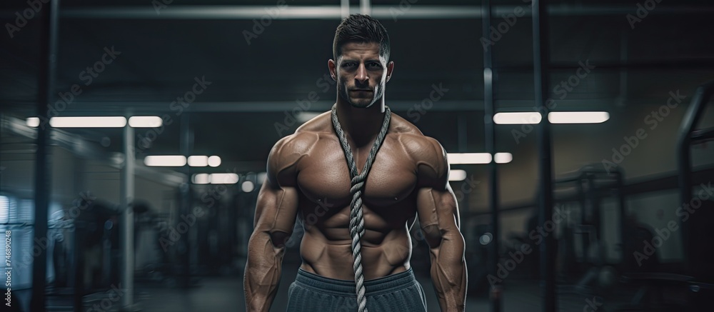 A muscular man in athletic wear is seen in a gym, having a rope around his neck as he engages in a functional exercise routine. The gym background includes various gym equipment and fitness A muscular man in athletic wear is seen in a gym, having a rope around his neck as he engages in a functional exercise routine. The gym background includes various gym equipment and fitness