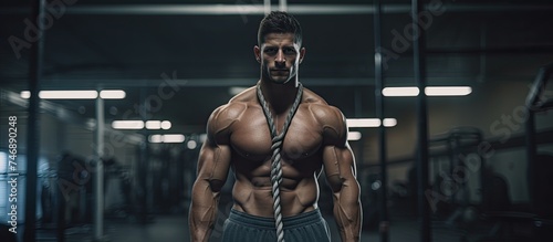 A muscular man in athletic wear is seen in a gym, having a rope around his neck as he engages in a functional exercise routine. The gym background includes various gym equipment and fitness © AkuAku