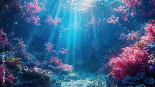 Vibrant underwater seascape with a myriad of coral species and marine life, illuminated by sunbeamsConcept of marine biodiversity, ocean life, and natural underwater beauty