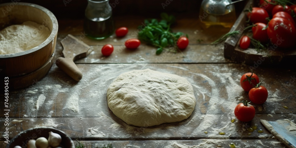 Fototapeta premium Dough on wooden board with tomatoes and herbs in background