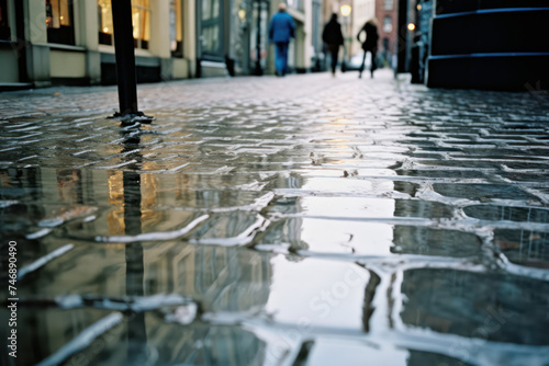 Rainy City Reflections: A Wet Street Paved in History