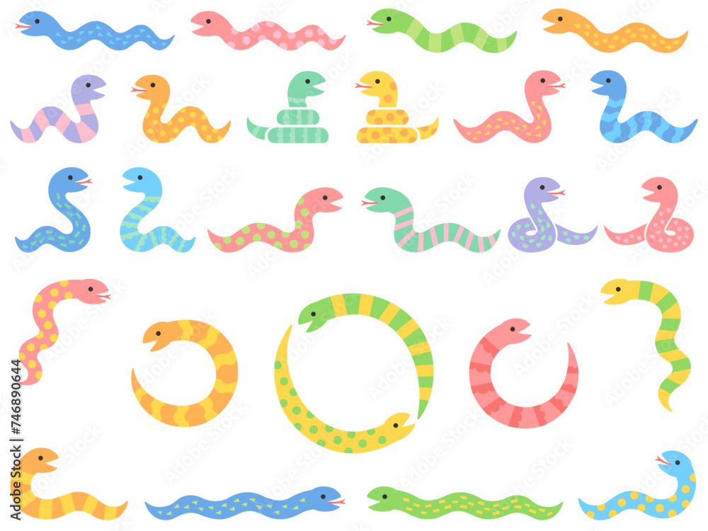 ポップでカラフルな模様の蛇のイラストセット