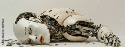 A once cutting-edge AI robot lies in disrepair, its broken parts and malfunctioning circuits symbolizing the fragility of technology and the imperfections of progress. Generative ai.