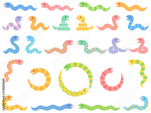 ポップでカラフルな模様の蛇のイラストセット