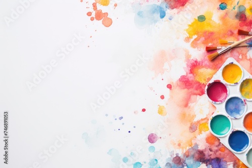 Watercolor paints and brush on a background with colorful splashes