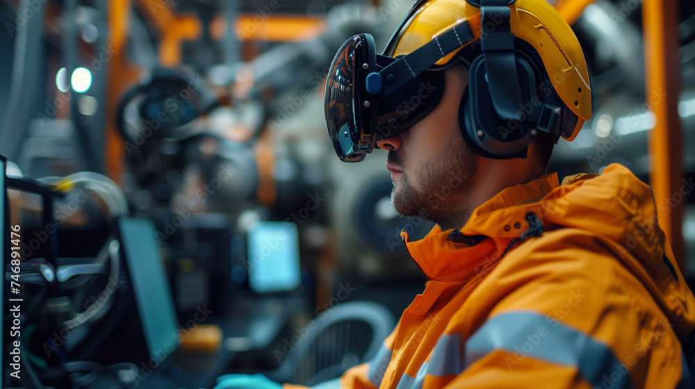 A simulated work environment with workers wearing VR goggles on the job site. A simulated work environment with workers wearing VR goggles on the job site.