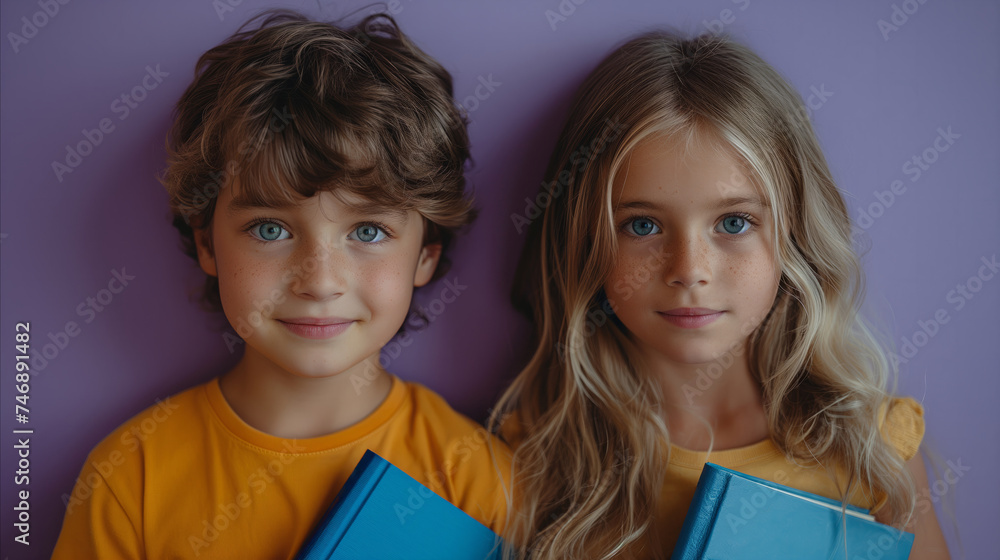 Happy kids holding books on purple background. Study concept. Learning concept. School concept. Back to school concept. Knowledge concept. Education concept. Happy kids holding books on purple background. Study concept. Learning concept. School concept. Back to school concept. Knowledge concept. Education concept.