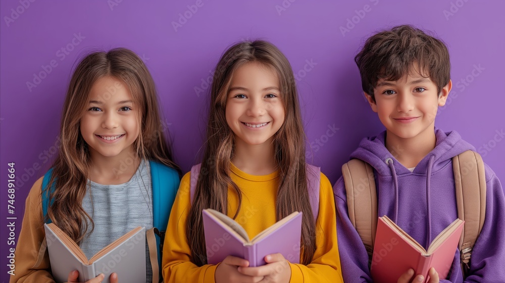 Happy kids holding books on purple background. Study concept. Learning concept. School concept. Back to school concept. Knowledge concept. Education concept. Happy kids holding books on purple background. Study concept. Learning concept. School concept. Back to school concept. Knowledge concept. Education concept.