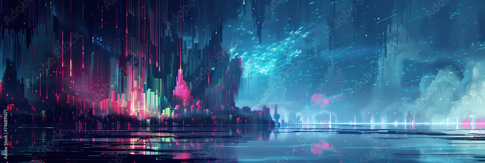 Neon Storm Over Cyber City. A mesmerizing abstract cityscape under a vivid neon rain