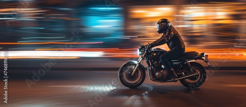 Man night ride motorcycle with blurred light effect on the background photo