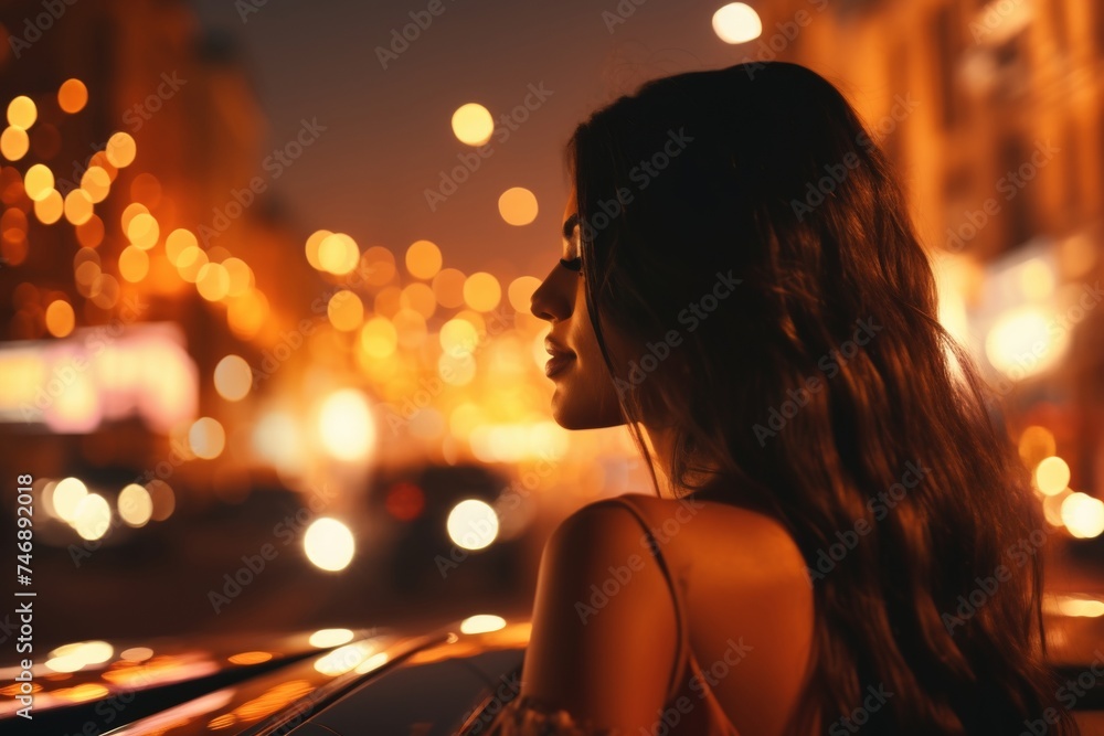 A young woman with long, dark hair stands on a bustling city street at ...