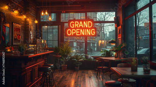 “Grand opening” sign in restaurant - stylish design and decor 