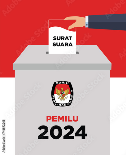 Indonesian election day pemilu or president election pilpres 2024 box with red and white flag background