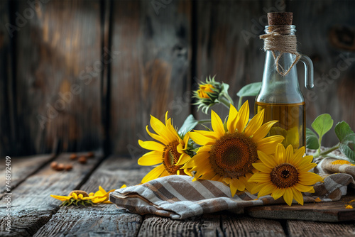 Vibrant sunflowers and a bottle of oil on a rustic wooden surface, embodying a country kitchen atmosphere.copy space