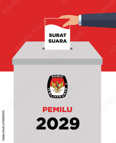 Indonesian election day pemilu or president election pilpres 2029 box with red and white flag background