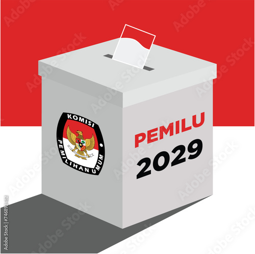 Indonesian election day pemilu or president election pilpres 2029 box with red and white flag background