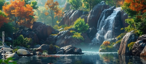 A striking painting depicting a majestic waterfall cascading down among big rocks and lush green trees. The scene captures the raw beauty of nature, with water rushing energetically over the rocks and