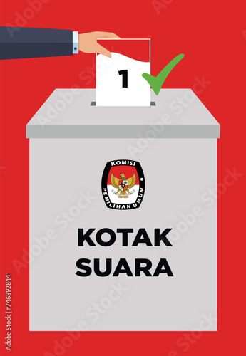 Indonesian election day pemilu or president election pilpres or governor election box with red and white flag background