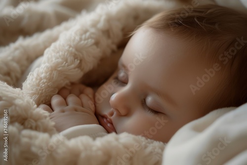 Baby soundly sleeping, wrapped in a warm blanket.