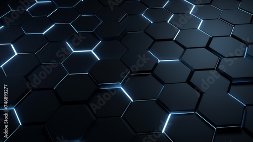 Abstract 3d rendering of the black light blue hexagonal cellular structure with geometric background , High Tech, dark background, digital data background 3d render polygon. photo