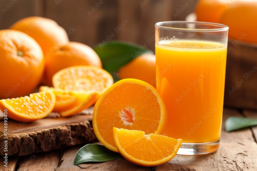 A glass of freshly squeezed orange juice with orange slices and leaves on a wooden board. A glass of freshly squeezed orange juice with orange slices and leaves on a wooden board.