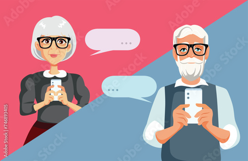 Old Couple Exchanging SMS Text Messages Vector Cartoon illustration. In love senior man and woman flirting and texting each other 
