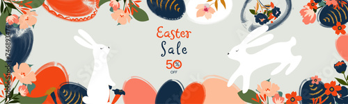 Happy Easter banner with easter rabbit, eggs, roses, leaves, floral bouquets, spring flowers compositions. Trendy poster, greeting card, header or cover for website. Modern art style.