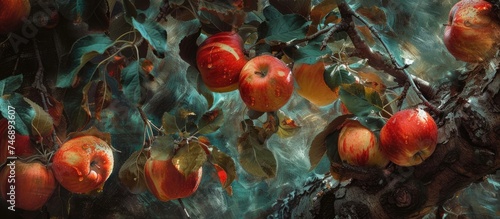 A cluster of ripe red apples hang from the branches of a tree, showcasing their vibrant hues. The apples are nestled among the green leaves, ready for picking. photo