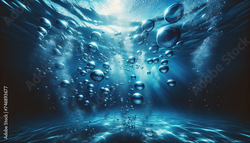 Air bubbles ascending in deep blue ocean water with sunbeams filtering through the surface.