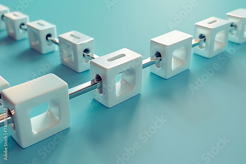 White square blocks on a rod against a blue background. Conceptual image of blockchain technology. Design for educational content, web banner, digital advertisement.