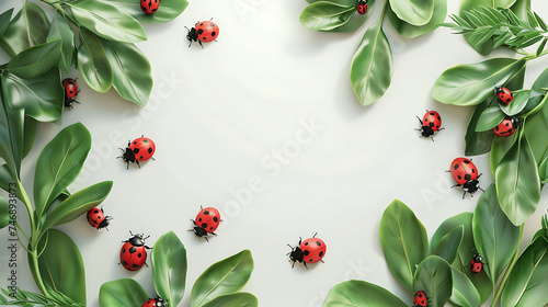 Ladybugs on green leaves frame on white background. Flat lay composition with copy space. Nature and spring concept. Design for invitation, greeting card, environmental campaigns