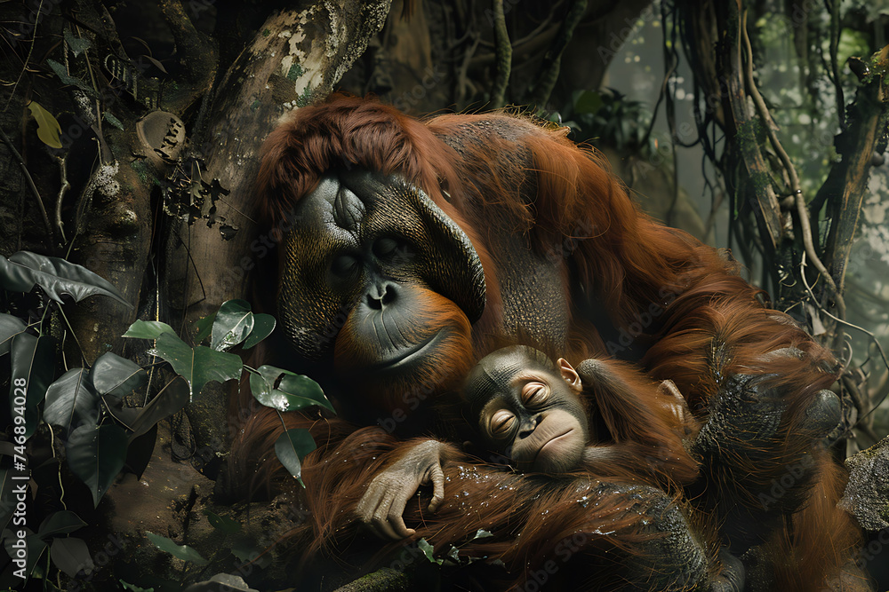 Obraz premium Orangutan mother with her baby resting in the rainforest. Wildlife and primate family concept for design and print. Endangered species and habitat conservation. Endangered animals
