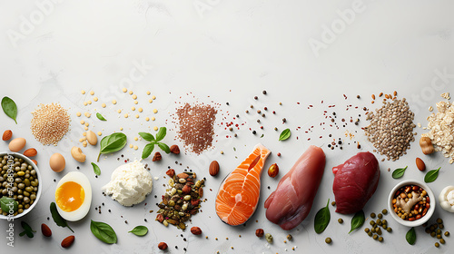 Variety of raw healthy food ingredients on a white background. Flat lay composition with copy space for design and print related to cooking, nutrition, and dietary planning photo