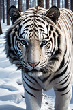 White Tiger in Snowy Forest Starring at Camera
