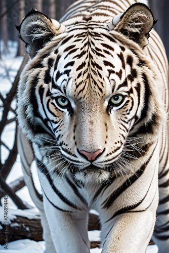 Big White Tiger in Snowy Forest Starring at Camera