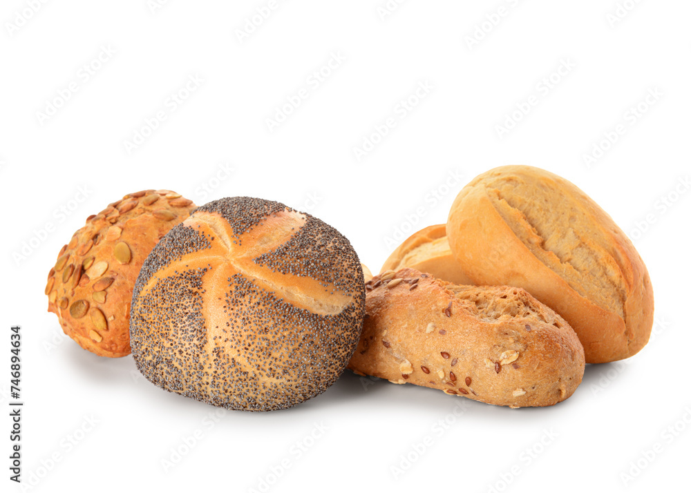 Different delicious buns on white background
