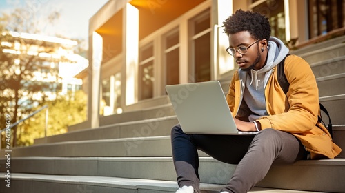 Young africa male student study with laptop sitting on stairs
