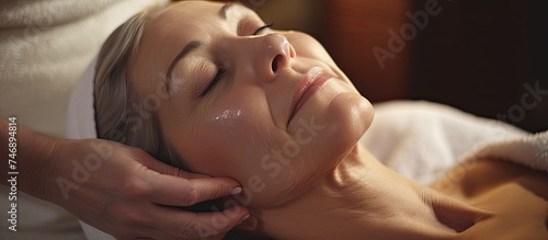 A beautiful older woman is laying down while a professional is gently massaging her face during a facial treatment at a salon. The woman appears relaxed and pampered as she enjoys the soothing massage