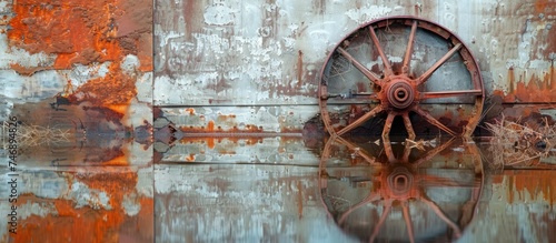An old rusted wall with a wheel attached to it, showcasing vintage charm and history. The wheel is weathered and reflects a sense of time passing by.