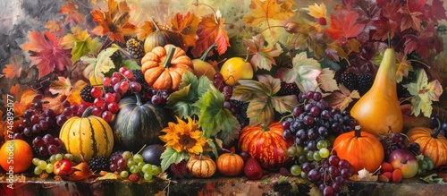A painting capturing the abundance of fruits and vegetables in an autumn harvest. The image showcases a colorful array of apples, pumpkins, grapes, carrots, and more.