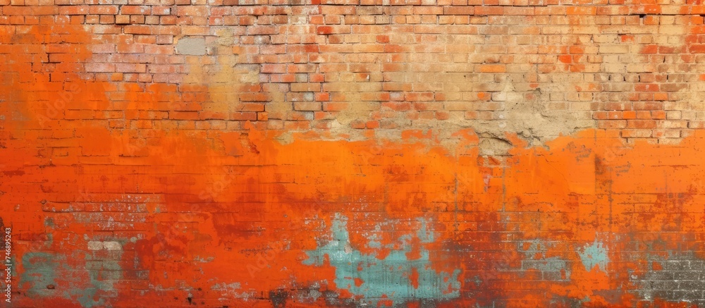 A brick wall painted with vibrant orange and blue colors, creating a striking abstract grunge background. The contrasting colors and textures add depth and character to the wall.